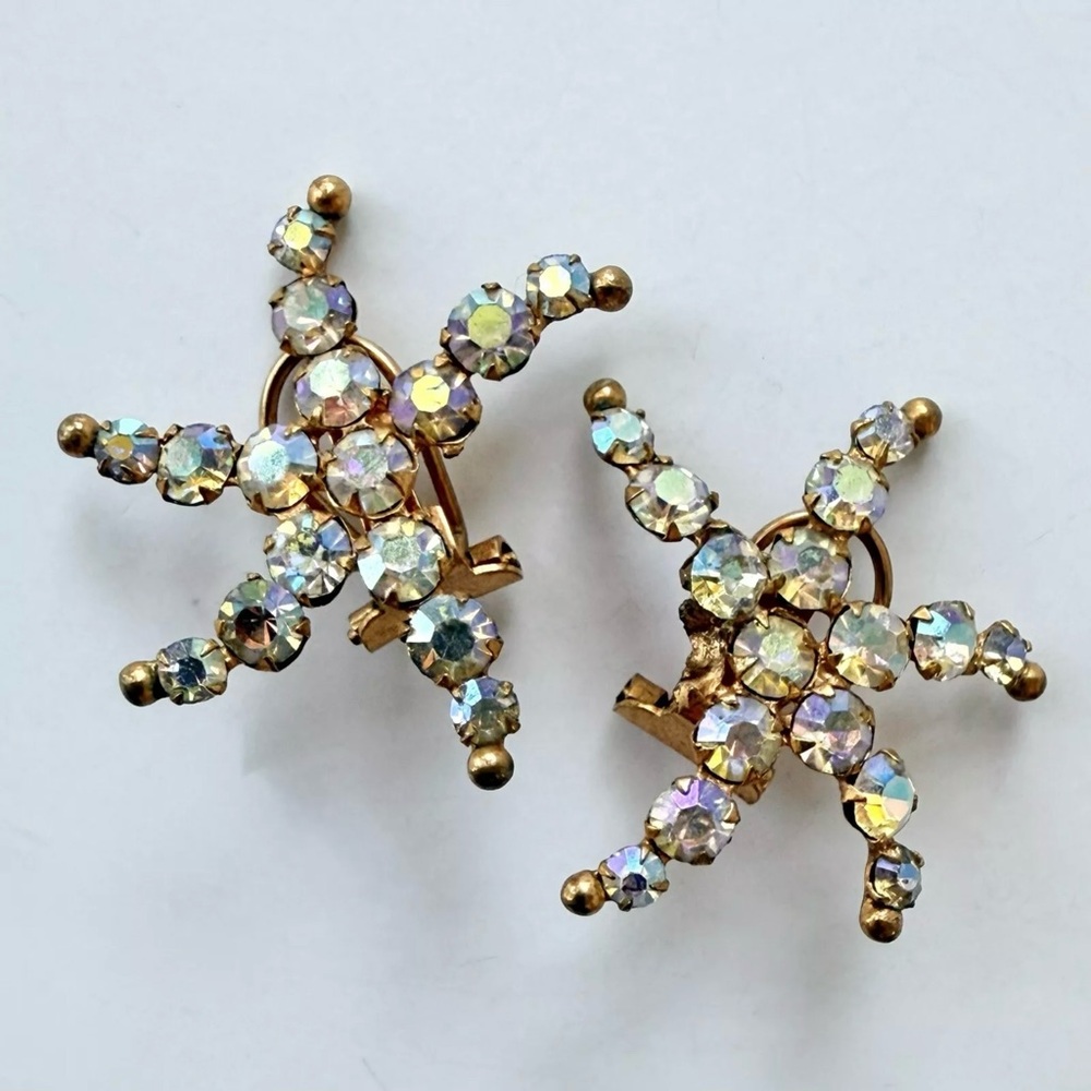 Vintage Roger Jean Pierre French Starfish Aurora Borealis Rhinestone Earrings